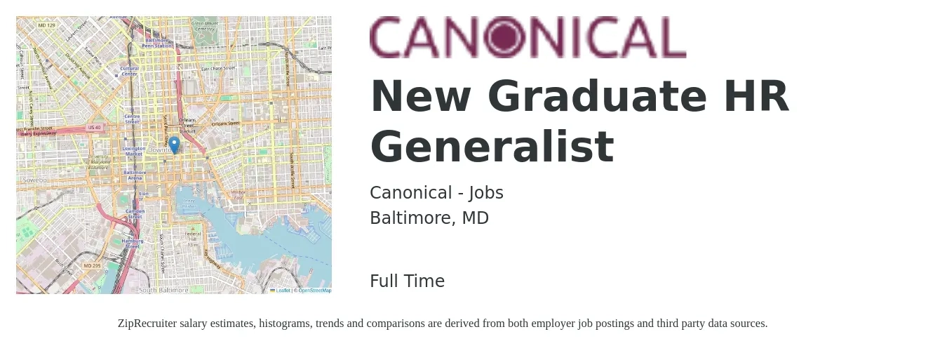 Canonical - Jobs job posting for a New Graduate HR Generalist in Baltimore, MD with a salary of $51,700 to $73,500 Yearly with a map of Baltimore location.