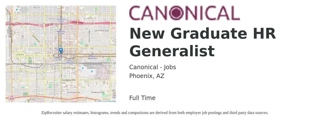 Canonical - Jobs job posting for a New Graduate HR Generalist in Phoenix, AZ with a salary of $51,600 to $73,500 Yearly with a map of Phoenix location.