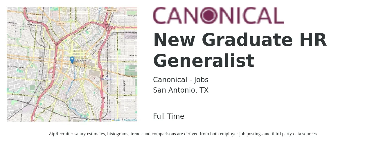 Canonical - Jobs job posting for a New Graduate HR Generalist in San Antonio, TX with a salary of $46,900 to $66,700 Yearly with a map of San Antonio location.