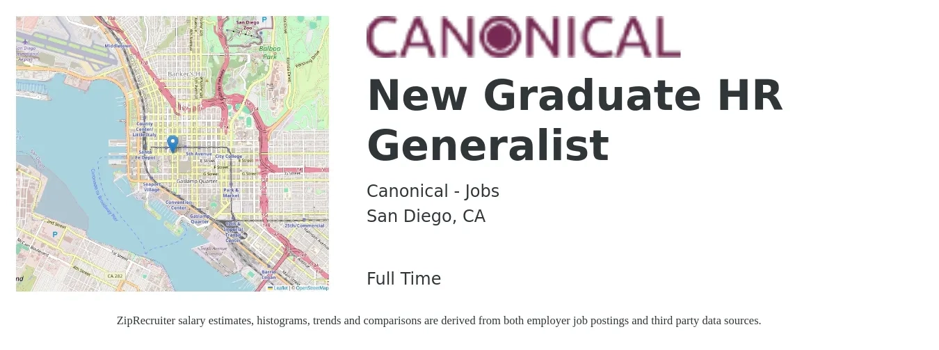 Canonical - Jobs job posting for a New Graduate HR Generalist in San Diego, CA with a salary of $55,200 to $78,600 Yearly with a map of San Diego location.
