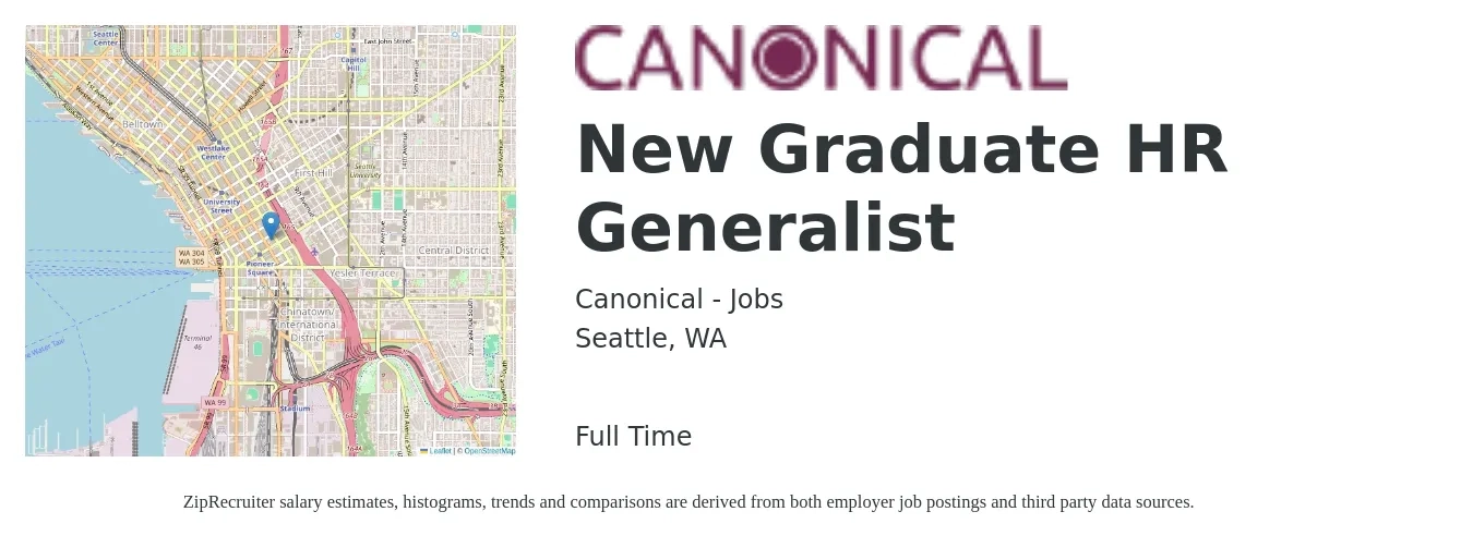 Canonical - Jobs job posting for a New Graduate HR Generalist in Seattle, WA with a salary of $59,200 to $84,200 Yearly with a map of Seattle location.