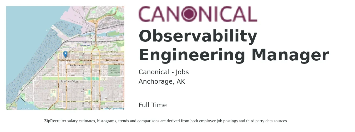 Canonical - Jobs job posting for a Observability Engineering Manager in Anchorage, AK with a salary of $119,100 to $176,800 Yearly with a map of Anchorage location.