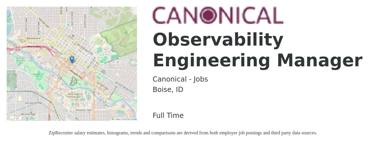 Canonical - Jobs job posting for a Observability Engineering Manager in Boise, ID with a salary of $110,900 to $164,700 Yearly with a map of Boise location.