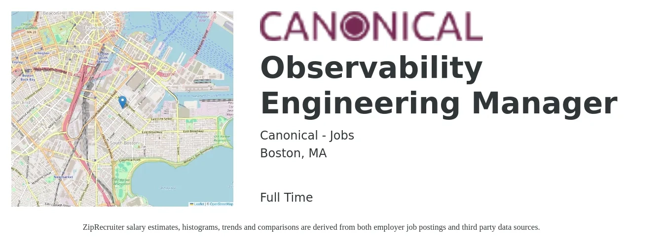 Canonical - Jobs job posting for a Observability Engineering Manager in Boston, MA with a salary of $126,600 to $187,900 Yearly with a map of Boston location.
