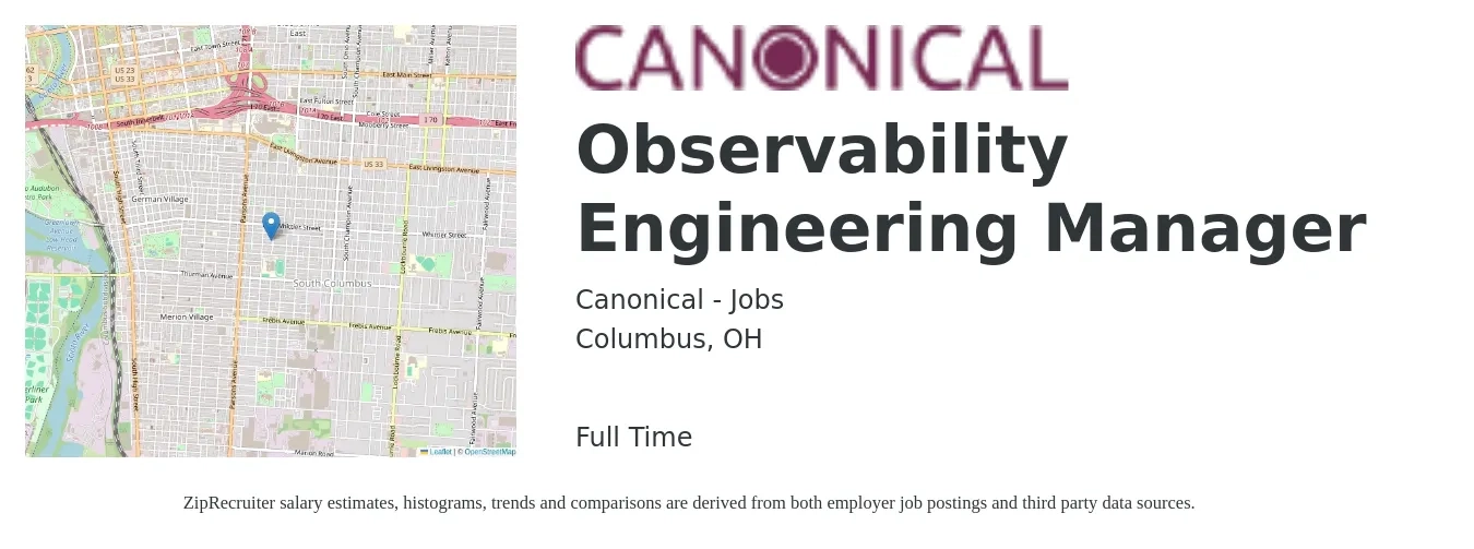 Canonical - Jobs job posting for a Observability Engineering Manager in Columbus, OH with a salary of $112,500 to $167,100 Yearly with a map of Columbus location.