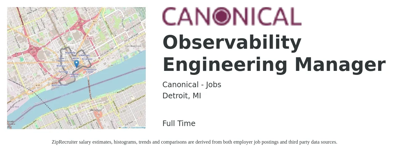Canonical - Jobs job posting for a Observability Engineering Manager in Detroit, MI with a salary of $115,300 to $171,300 Yearly with a map of Detroit location.