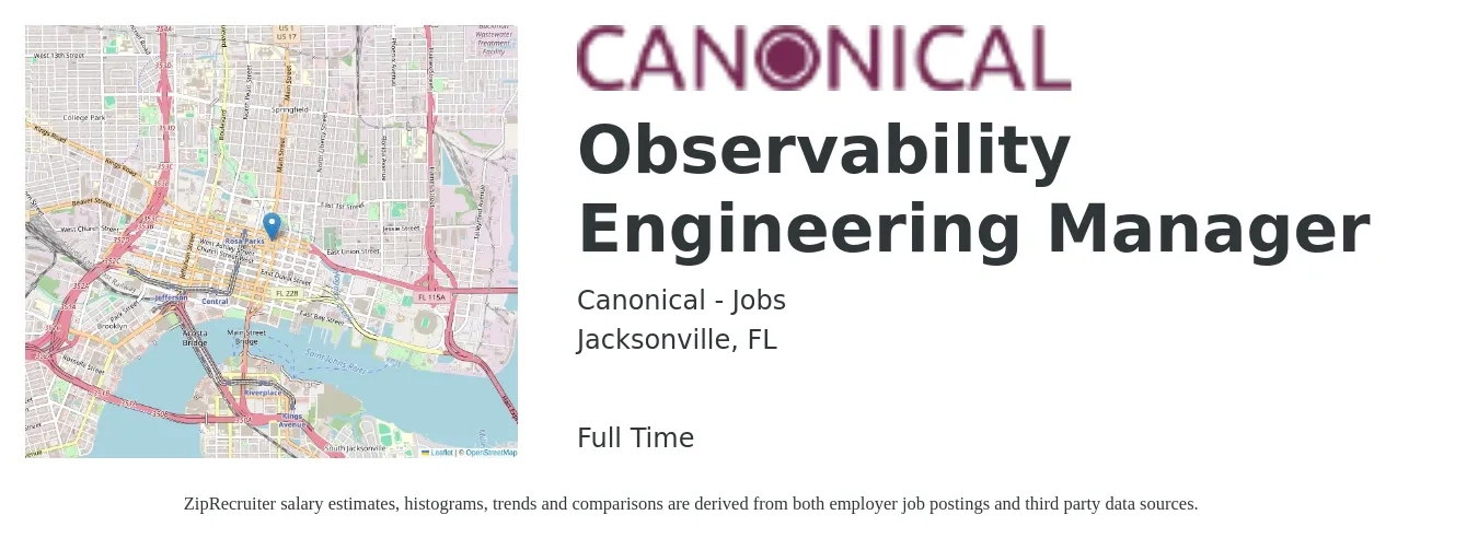 Canonical - Jobs job posting for a Observability Engineering Manager in Jacksonville, FL with a salary of $107,900 to $160,300 Yearly with a map of Jacksonville location.
