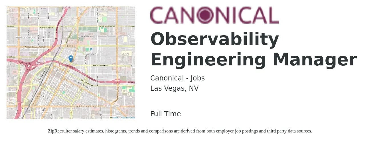 Canonical - Jobs job posting for a Observability Engineering Manager in Las Vegas, NV with a salary of $111,300 to $165,200 Yearly with a map of Las Vegas location.