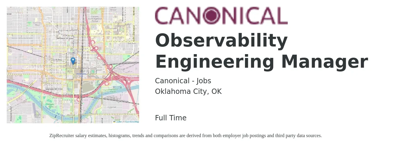 Canonical - Jobs job posting for a Observability Engineering Manager in Oklahoma City, OK with a salary of $108,200 to $160,700 Yearly with a map of Oklahoma City location.