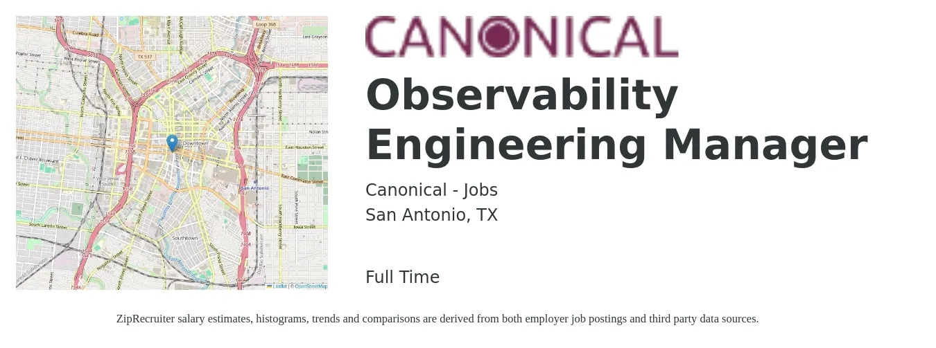 Canonical - Jobs job posting for a Observability Engineering Manager in San Antonio, TX with a salary of $105,100 to $156,000 Yearly with a map of San Antonio location.