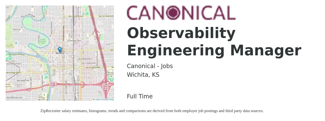Canonical - Jobs job posting for a Observability Engineering Manager in Wichita, KS with a salary of $104,200 to $154,800 Yearly with a map of Wichita location.