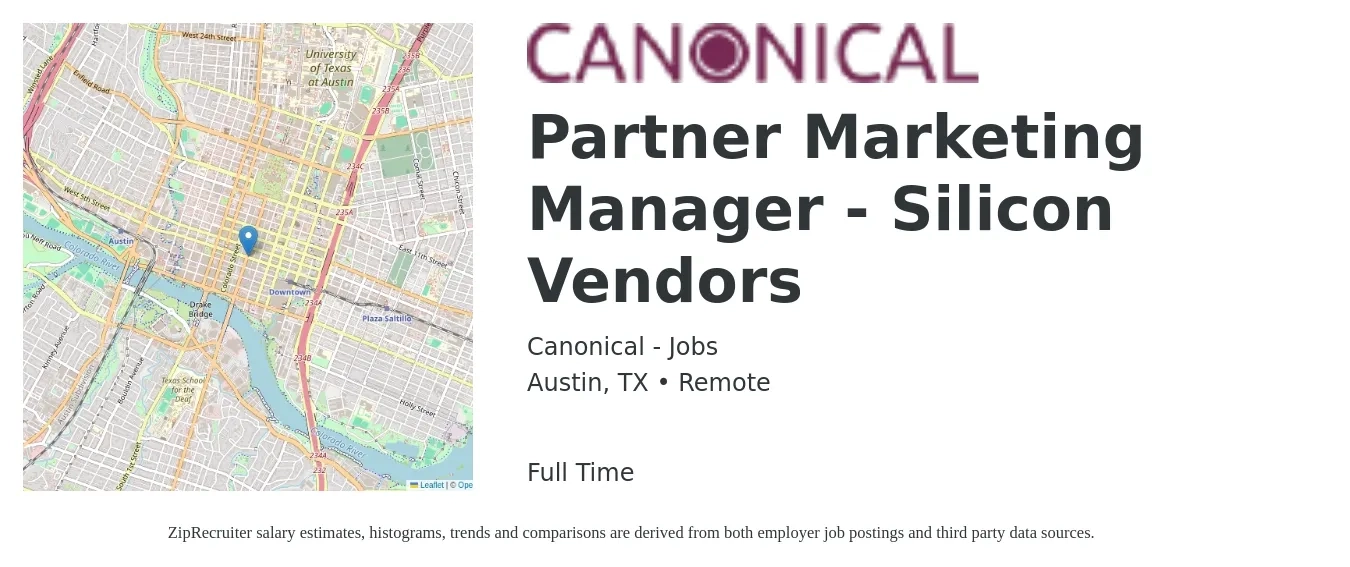 Canonical - Jobs job posting for a Partner Marketing Manager - Silicon Vendors in Austin, TX with a salary of $59,500 to $97,100 Yearly with a map of Austin location.