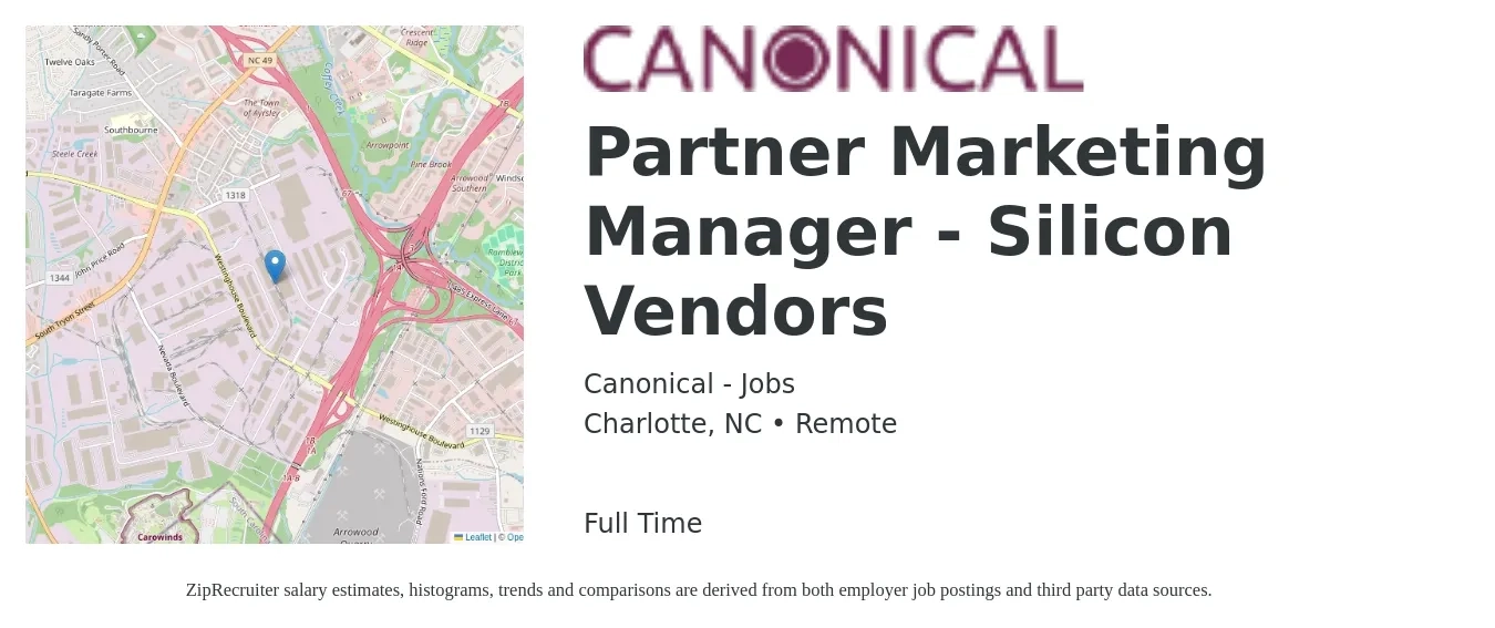 Canonical - Jobs job posting for a Partner Marketing Manager - Silicon Vendors in Charlotte, NC with a salary of $58,600 to $95,700 Yearly with a map of Charlotte location.