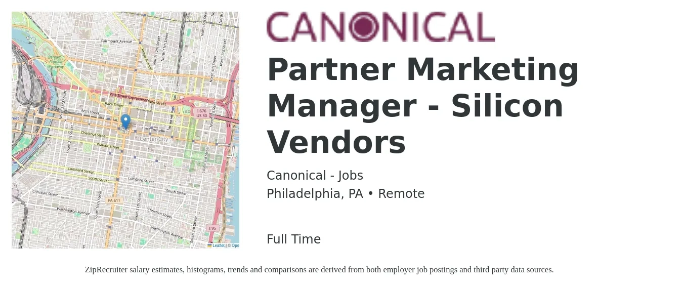 Canonical - Jobs job posting for a Partner Marketing Manager - Silicon Vendors in Philadelphia, PA with a salary of $60,500 to $98,900 Yearly with a map of Philadelphia location.