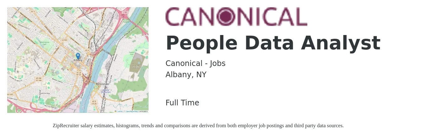 Canonical - Jobs job posting for a People Data Analyst in Albany, NY with a salary of $62,100 to $96,300 Yearly with a map of Albany location.