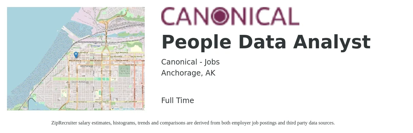 Canonical - Jobs job posting for a People Data Analyst in Anchorage, AK with a salary of $63,900 to $99,100 Yearly with a map of Anchorage location.