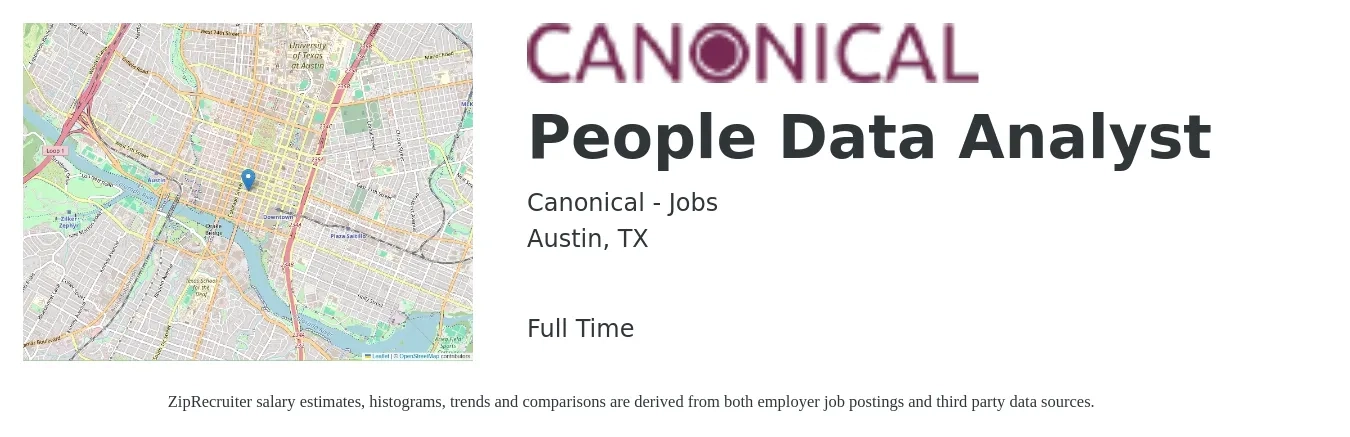 Canonical - Jobs job posting for a People Data Analyst in Austin, TX with a salary of $62,000 to $96,100 Yearly with a map of Austin location.