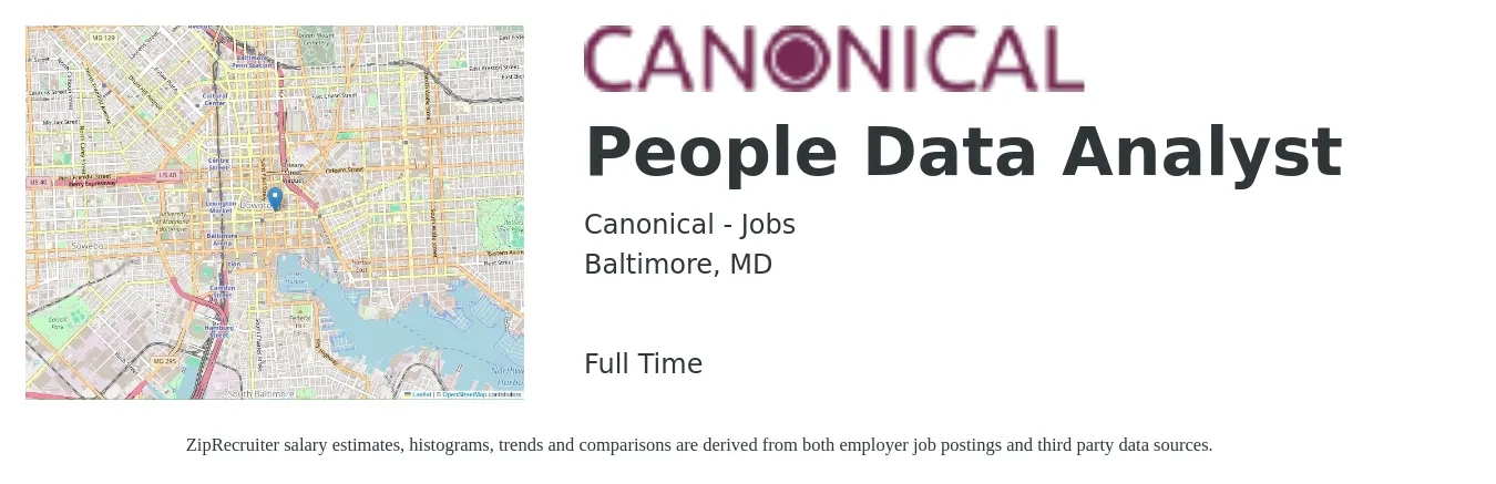 Canonical - Jobs job posting for a People Data Analyst in Baltimore, MD with a salary of $62,100 to $96,400 Yearly with a map of Baltimore location.