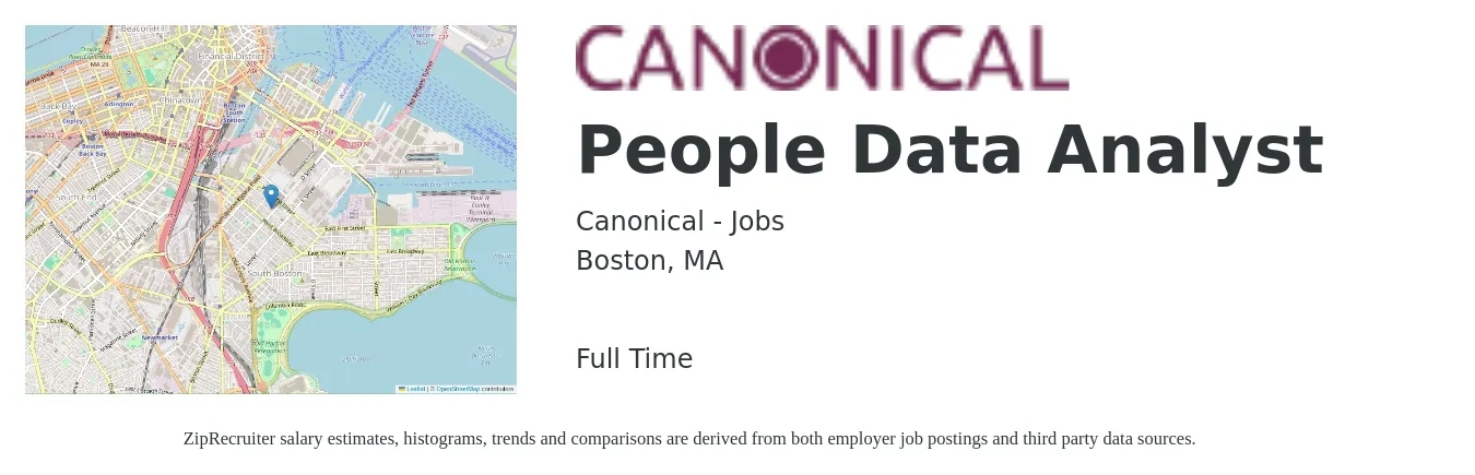 Canonical - Jobs job posting for a People Data Analyst in Boston, MA with a salary of $67,900 to $105,400 Yearly with a map of Boston location.