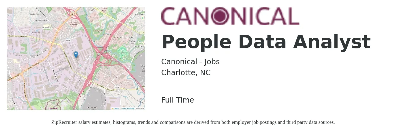 Canonical - Jobs job posting for a People Data Analyst in Charlotte, NC with a salary of $61,000 to $94,700 Yearly with a map of Charlotte location.