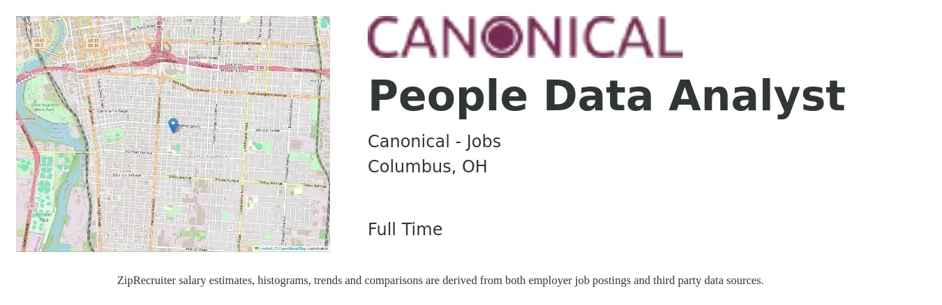 Canonical - Jobs job posting for a People Data Analyst in Columbus, OH with a salary of $60,400 to $93,700 Yearly with a map of Columbus location.