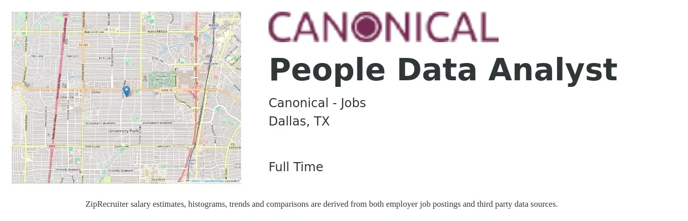 Canonical - Jobs job posting for a People Data Analyst in Dallas, TX with a salary of $61,800 to $96,000 Yearly with a map of Dallas location.