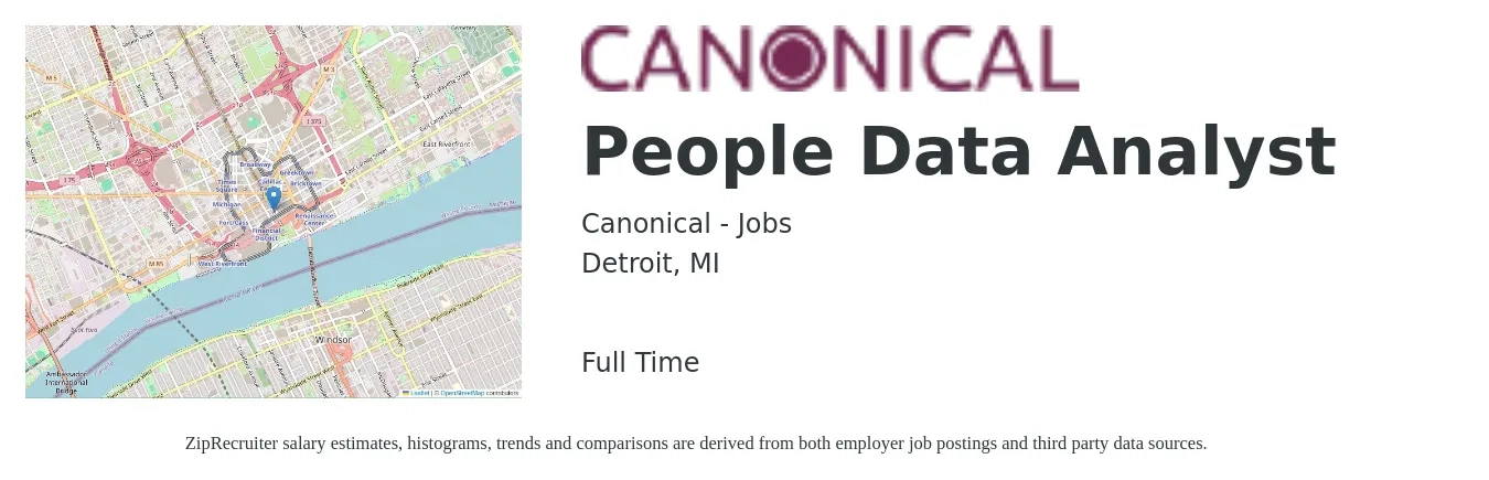 Canonical - Jobs job posting for a People Data Analyst in Detroit, MI with a salary of $61,900 to $96,000 Yearly with a map of Detroit location.