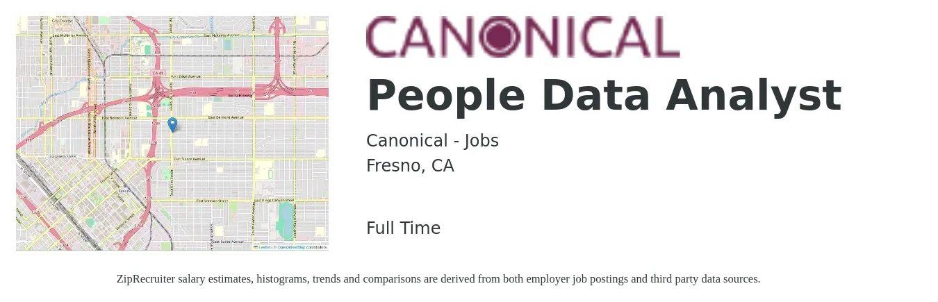 Canonical - Jobs job posting for a People Data Analyst in Fresno, CA with a salary of $62,100 to $96,300 Yearly with a map of Fresno location.