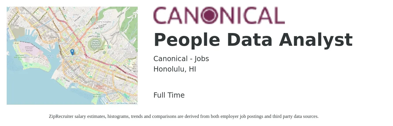 Canonical - Jobs job posting for a People Data Analyst in Honolulu, HI with a salary of $61,700 to $95,800 Yearly with a map of Honolulu location.