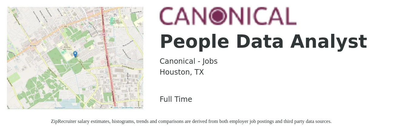 Canonical - Jobs job posting for a People Data Analyst in Houston, TX with a salary of $59,700 to $92,600 Yearly with a map of Houston location.