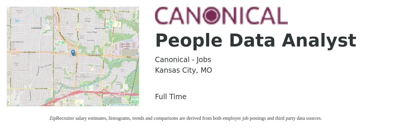 Canonical - Jobs job posting for a People Data Analyst in Kansas City, MO with a salary of $61,000 to $94,700 Yearly with a map of Kansas City location.
