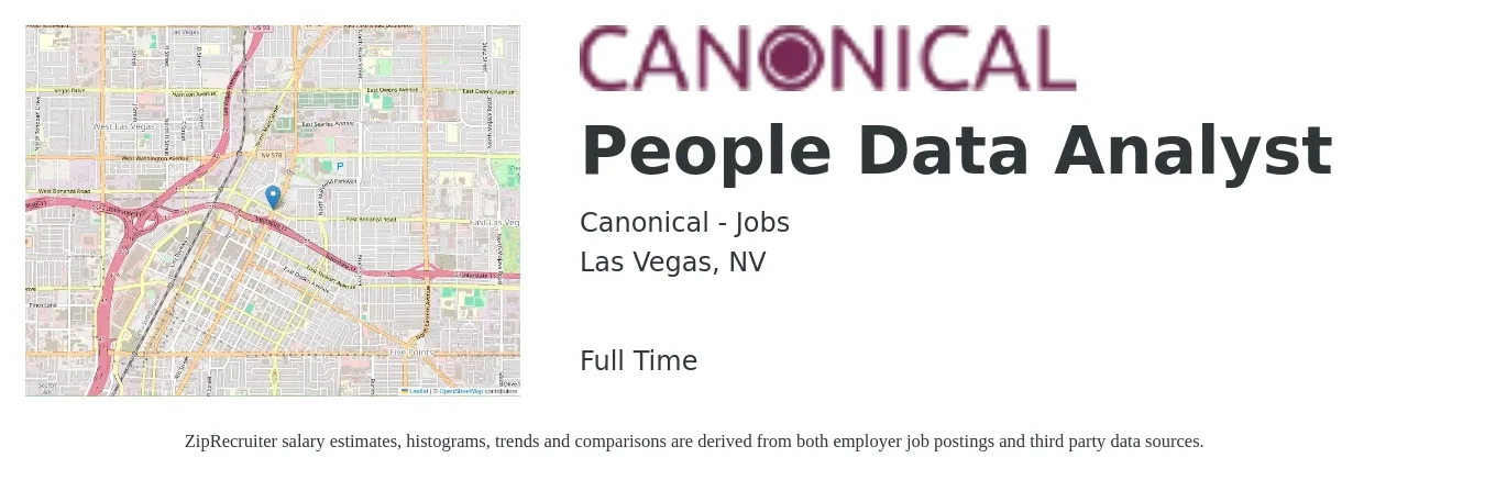 Canonical - Jobs job posting for a People Data Analyst in Las Vegas, NV with a salary of $59,700 to $92,600 Yearly with a map of Las Vegas location.