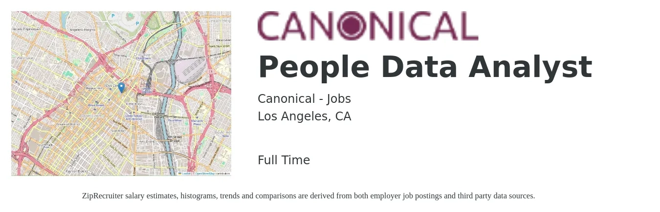 Canonical - Jobs job posting for a People Data Analyst in Los Angeles, CA with a salary of $67,300 to $104,500 Yearly with a map of Los Angeles location.