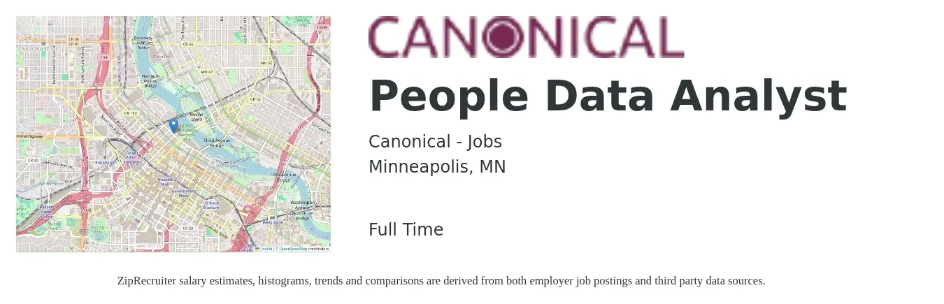 Canonical - Jobs job posting for a People Data Analyst in Minneapolis, MN with a salary of $65,200 to $101,200 Yearly with a map of Minneapolis location.