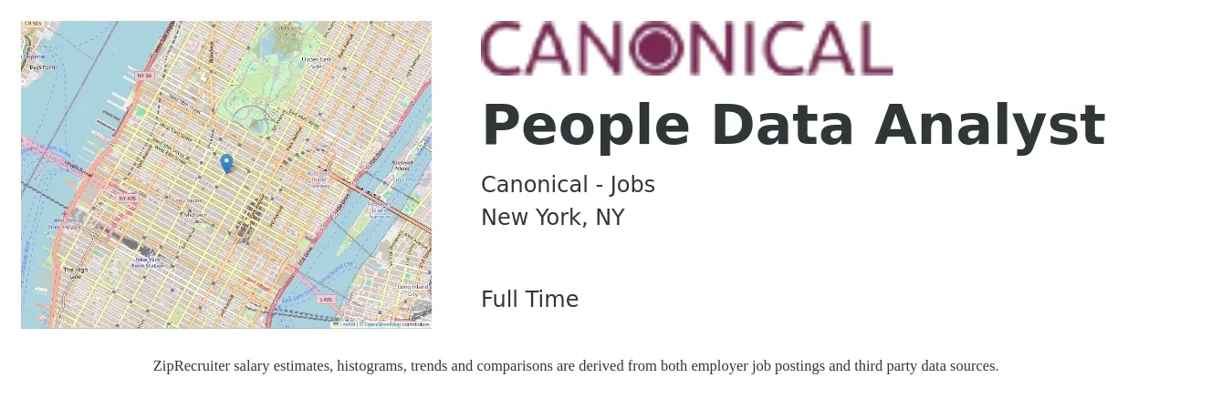 Canonical - Jobs job posting for a People Data Analyst in New York, NY with a salary of $68,400 to $106,100 Yearly with a map of New York location.