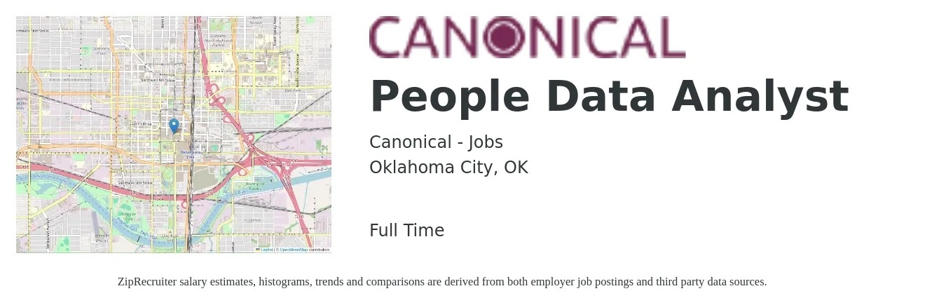 Canonical - Jobs job posting for a People Data Analyst in Oklahoma City, OK with a salary of $58,100 to $90,100 Yearly with a map of Oklahoma City location.