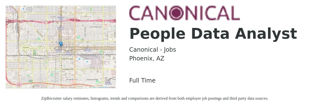 Canonical - Jobs job posting for a People Data Analyst in Phoenix, AZ with a salary of $62,100 to $96,300 Yearly with a map of Phoenix location.