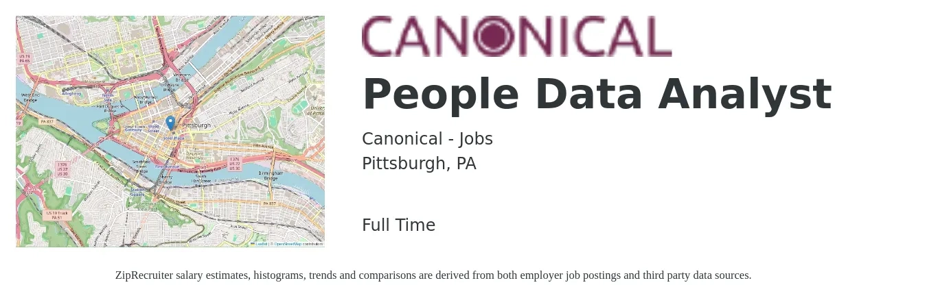 Canonical - Jobs job posting for a People Data Analyst in Pittsburgh, PA with a salary of $60,700 to $94,200 Yearly with a map of Pittsburgh location.