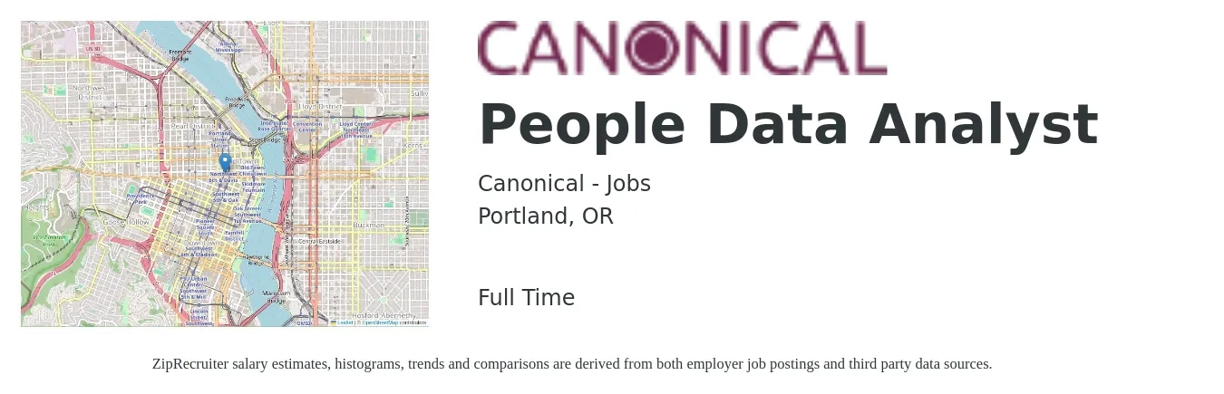 Canonical - Jobs job posting for a People Data Analyst in Portland, OR with a salary of $66,300 to $102,900 Yearly with a map of Portland location.