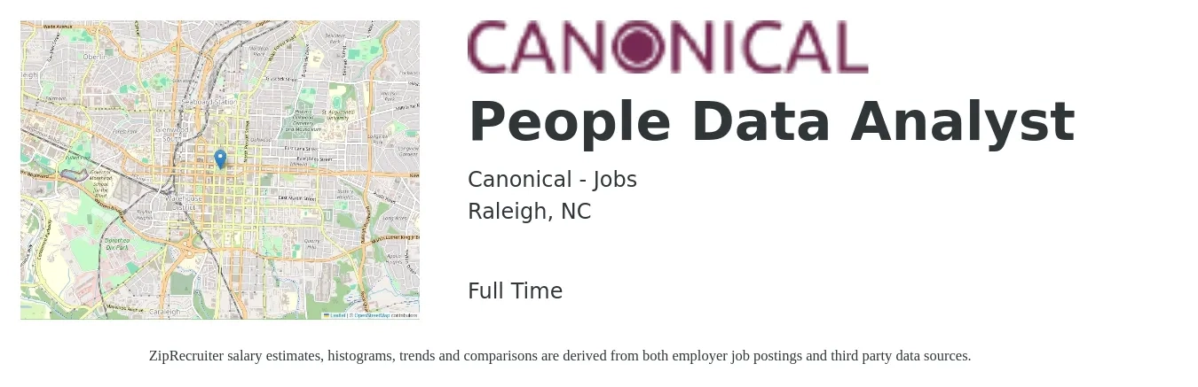 Canonical - Jobs job posting for a People Data Analyst in Raleigh, NC with a salary of $60,800 to $94,300 Yearly with a map of Raleigh location.