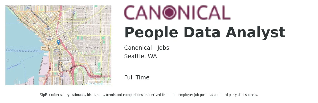 Canonical - Jobs job posting for a People Data Analyst in Seattle, WA with a salary of $71,100 to $110,400 Yearly with a map of Seattle location.
