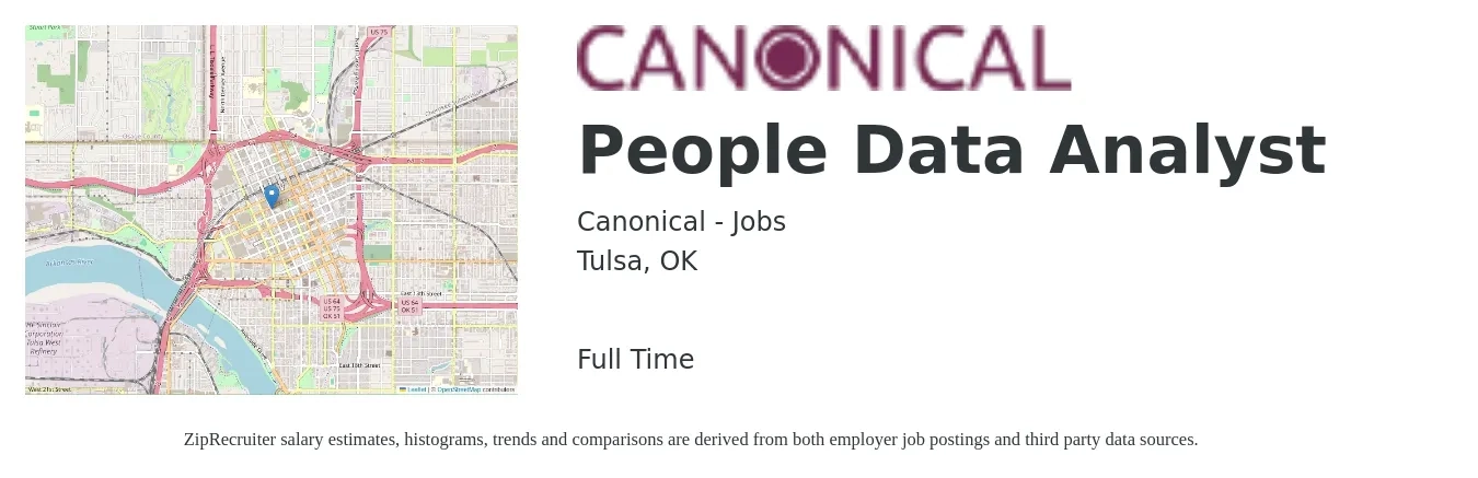 Canonical - Jobs job posting for a People Data Analyst in Tulsa, OK with a salary of $57,100 to $88,600 Yearly with a map of Tulsa location.