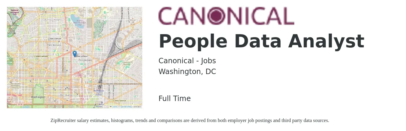Canonical - Jobs job posting for a People Data Analyst in Washington, DC with a salary of $70,800 to $109,900 Yearly with a map of Washington location.