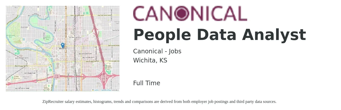 Canonical - Jobs job posting for a People Data Analyst in Wichita, KS with a salary of $55,900 to $86,800 Yearly with a map of Wichita location.