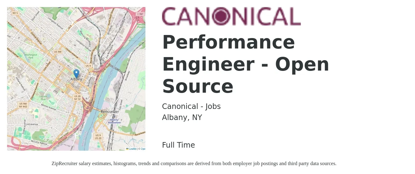 Canonical - Jobs job posting for a Performance Engineer - Open Source in Albany, NY with a salary of $51 to $70 Hourly with a map of Albany location.