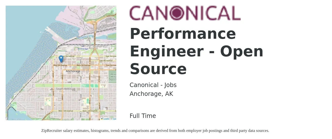 Canonical - Jobs job posting for a Performance Engineer - Open Source in Anchorage, AK with a salary of $52 to $72 Hourly with a map of Anchorage location.