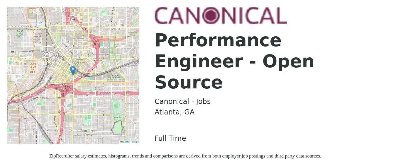 Canonical - Jobs job posting for a Performance Engineer - Open Source in Atlanta, GA with a salary of $49 to $68 Hourly with a map of Atlanta location.