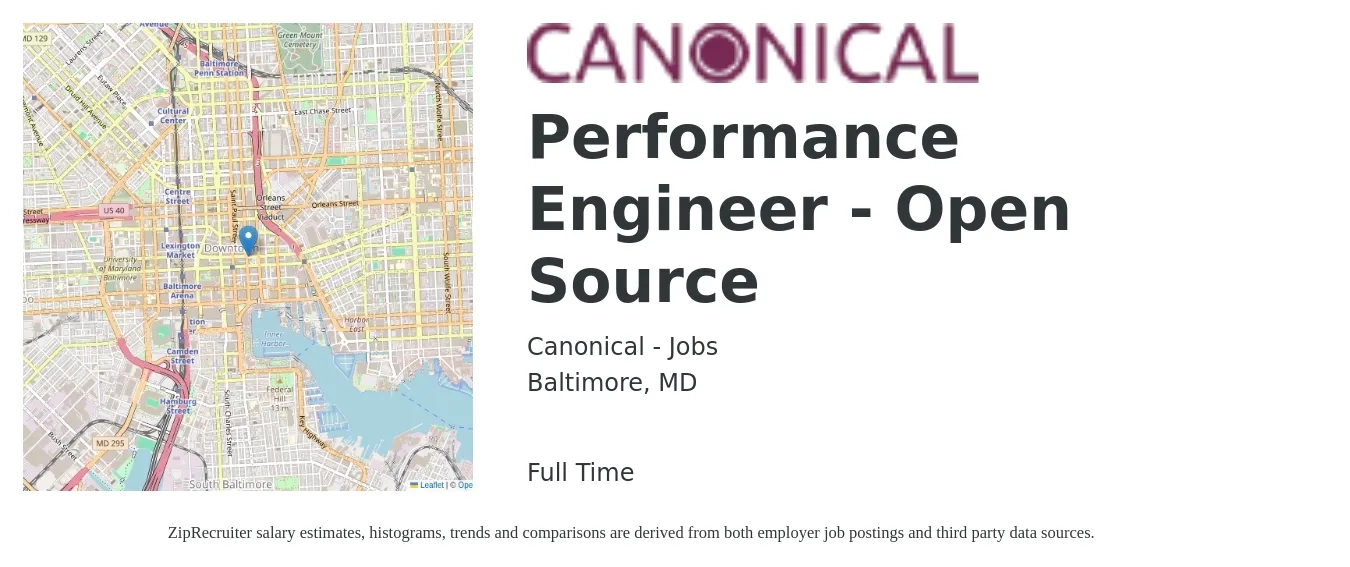 Canonical - Jobs job posting for a Performance Engineer - Open Source in Baltimore, MD with a salary of $51 to $70 Hourly with a map of Baltimore location.