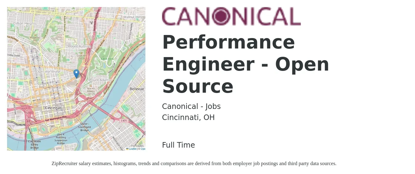 Canonical - Jobs job posting for a Performance Engineer - Open Source in Cincinnati, OH with a salary of $49 to $68 Hourly with a map of Cincinnati location.