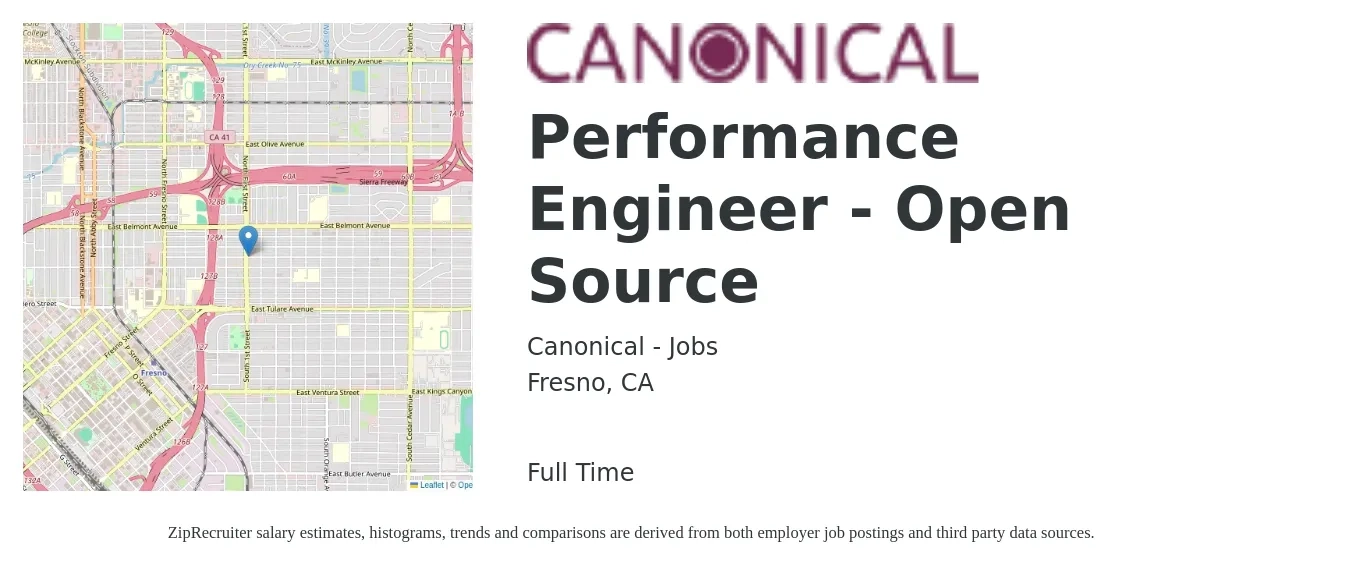 Canonical - Jobs job posting for a Performance Engineer - Open Source in Fresno, CA with a salary of $51 to $70 Hourly with a map of Fresno location.